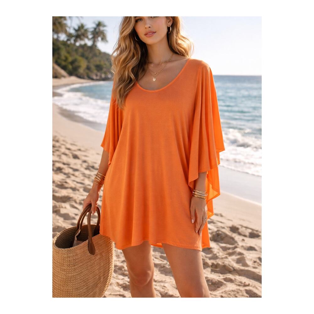 Free People Beach Cover Up Women Small Orange Boho Tunic Flowy Resort Beach Swim
